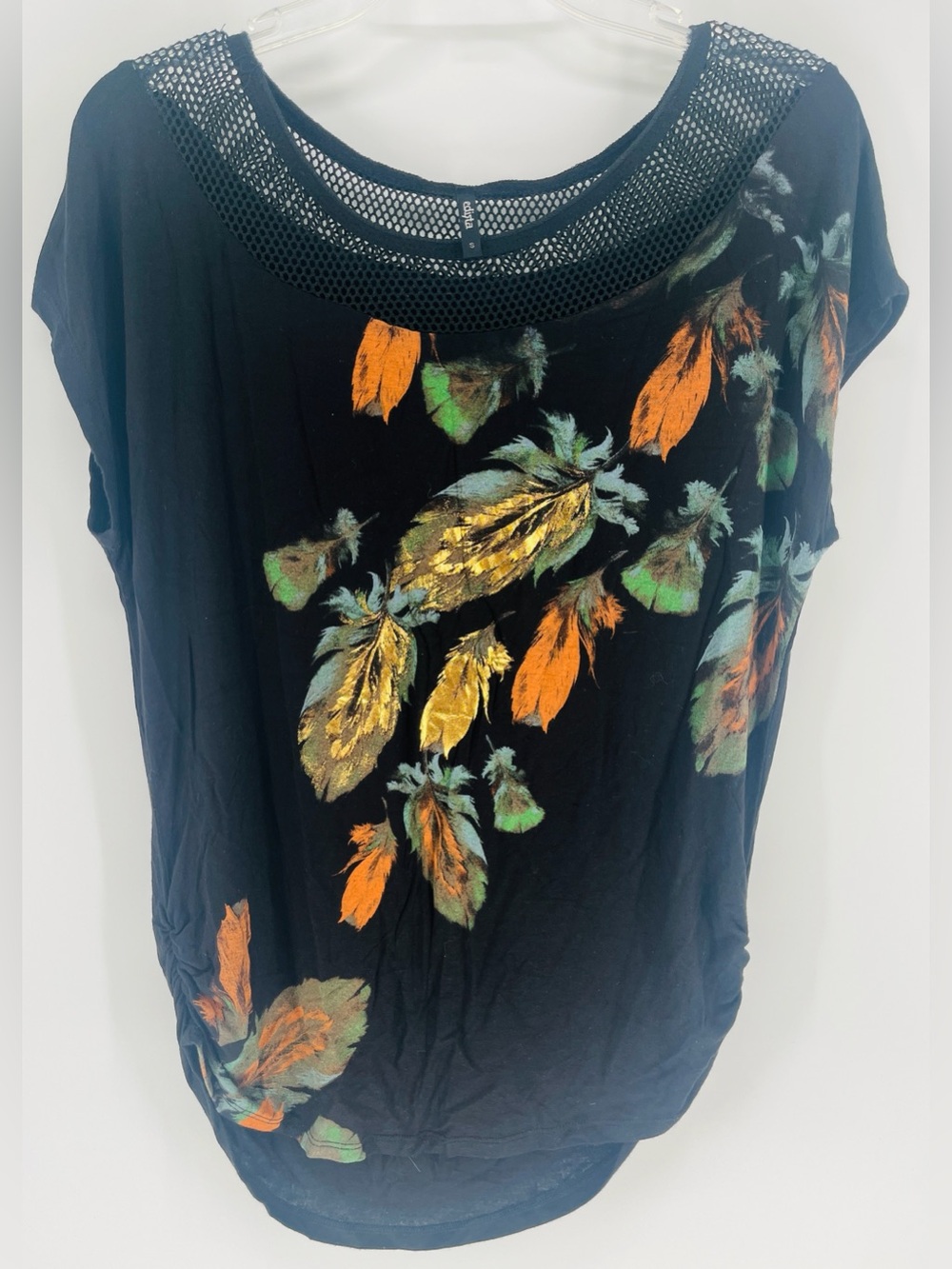 Boho Mesh Trim Metallic Feather Ruched Side Top Small